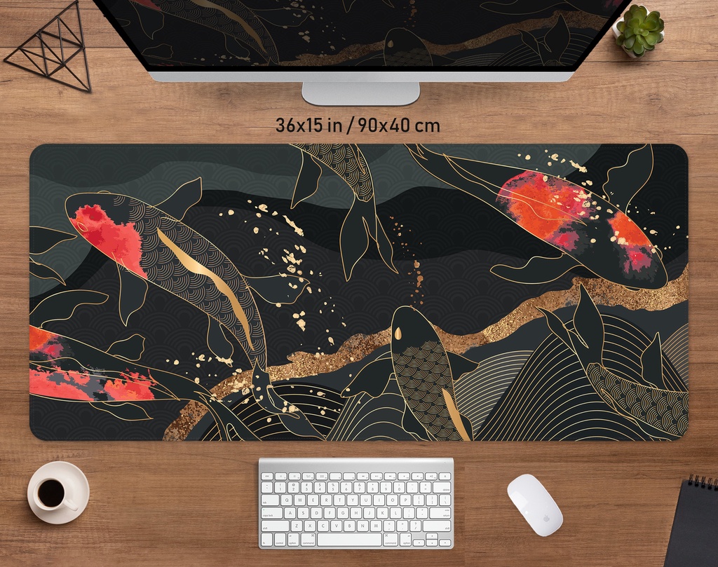 Japanese Desk Mat Koi Fish Mousepad Black Gold Large Xxl Gaming