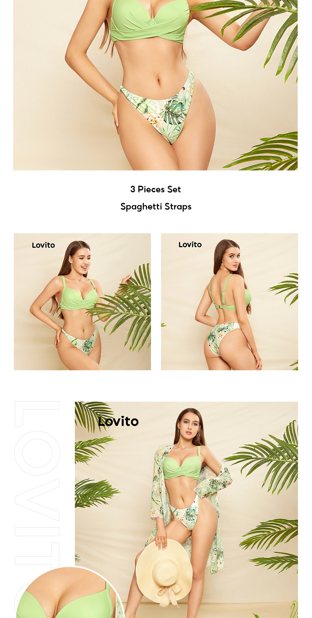 Lovito Sexy Floral 3 Piece Set Twist Non Removable Pads Bikini Set For