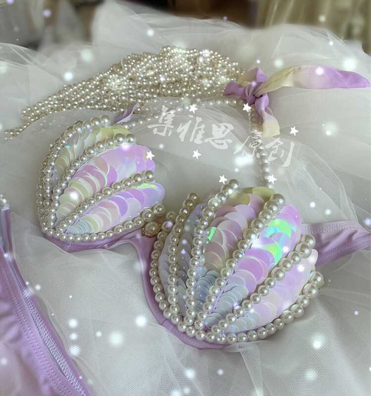 Original Handmade Mermaid Bra Sequin Pearl Shell Bikini Set Swimwear