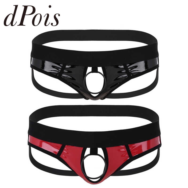 Male Men Faux Leather Open Back Hollow Out Jockstrap Low Rise Bikini