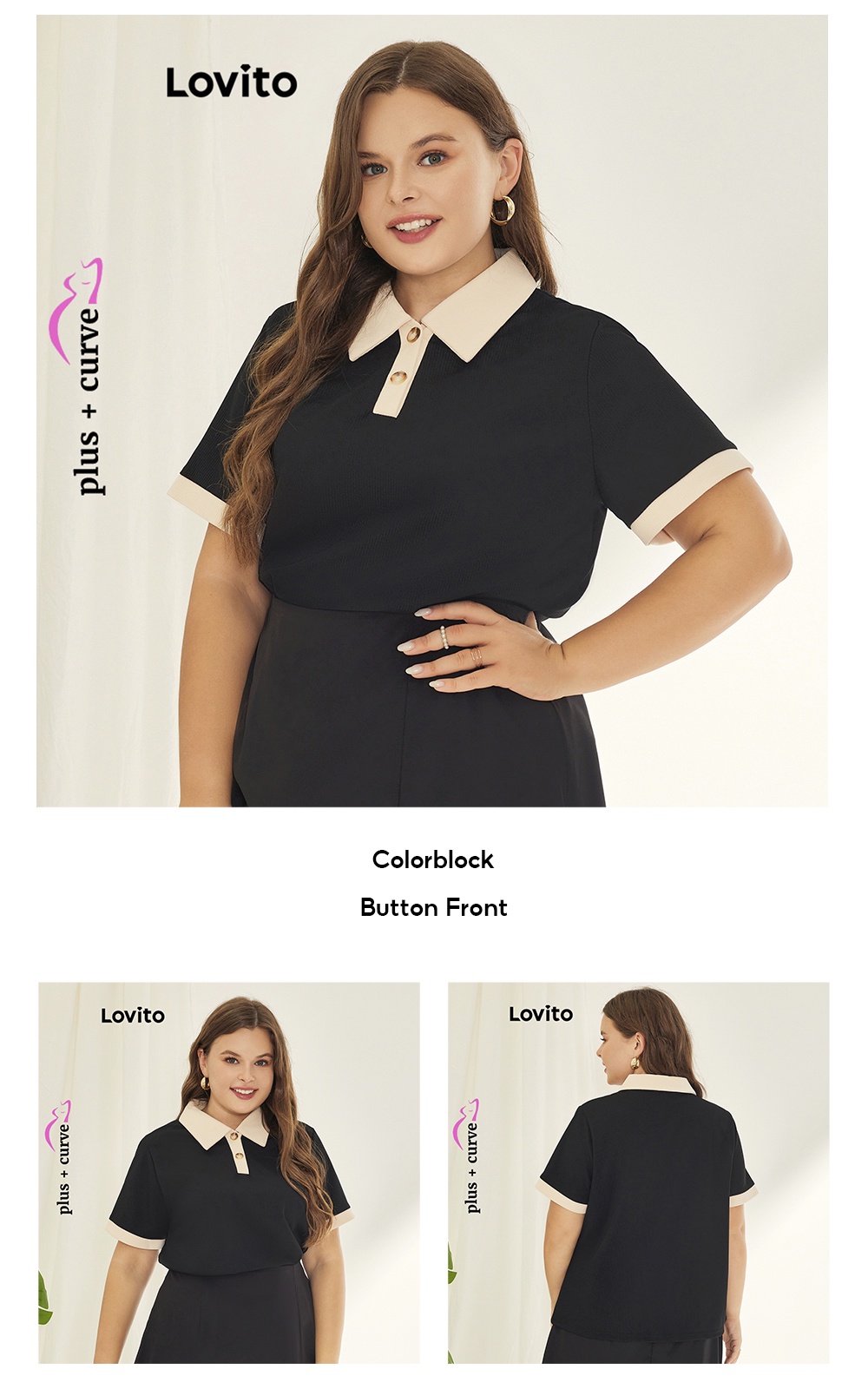 Lovito Plus Size Curve Casual Plain Colorblock Button Front T Shirt For