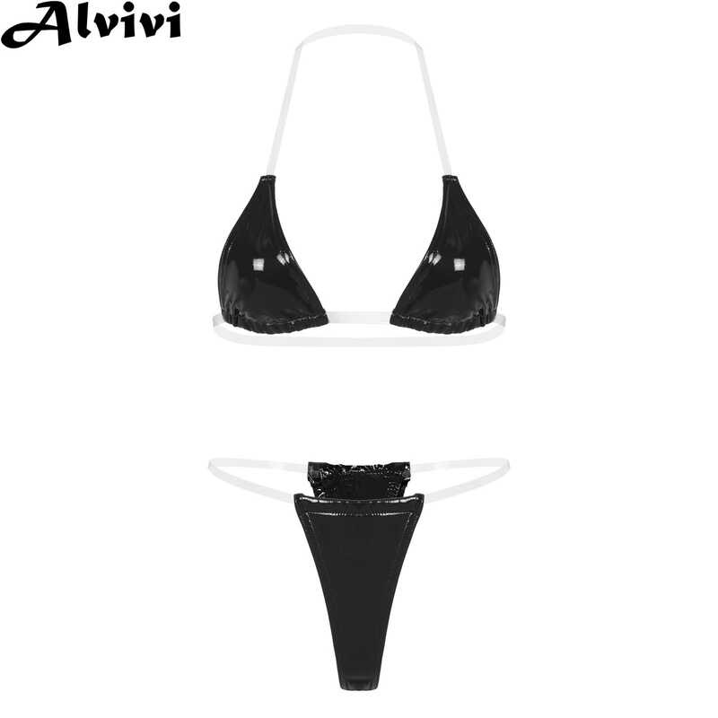 Kababaihang Patent Leather Bikini Lingerie Set Bra Na May G String