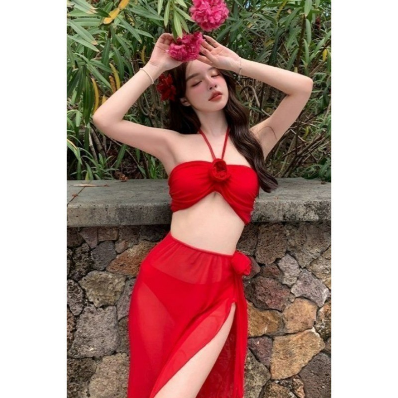 Swimsuit Women S Red Flower Bikini Three Piece Strap Skirt Style Korean