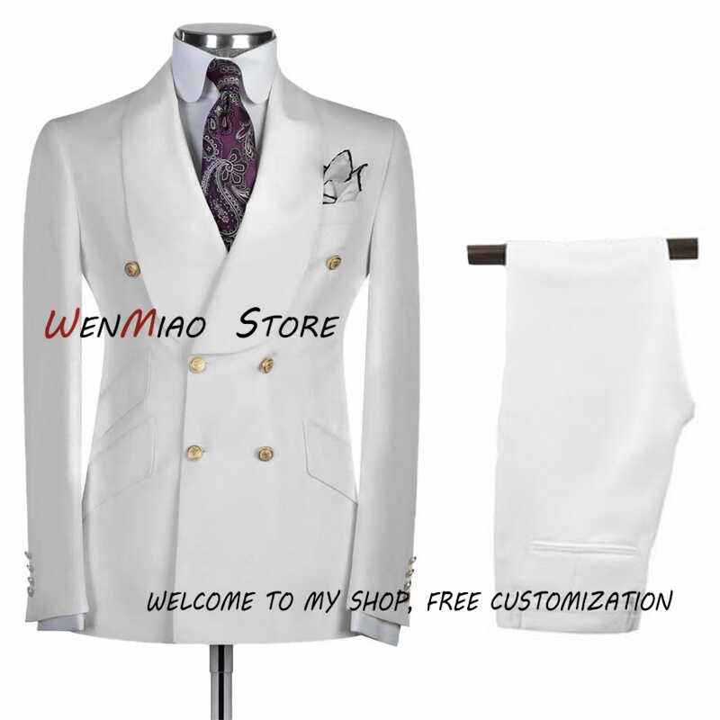 Men S White Double Breasted Suit Formal Blazer Pants Male Slim Fit