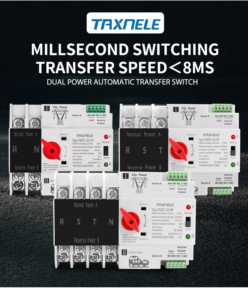 TAXNELE Din Rail 2P 3P 4P ATS Dual Power Automatic Transfer Switch 63A