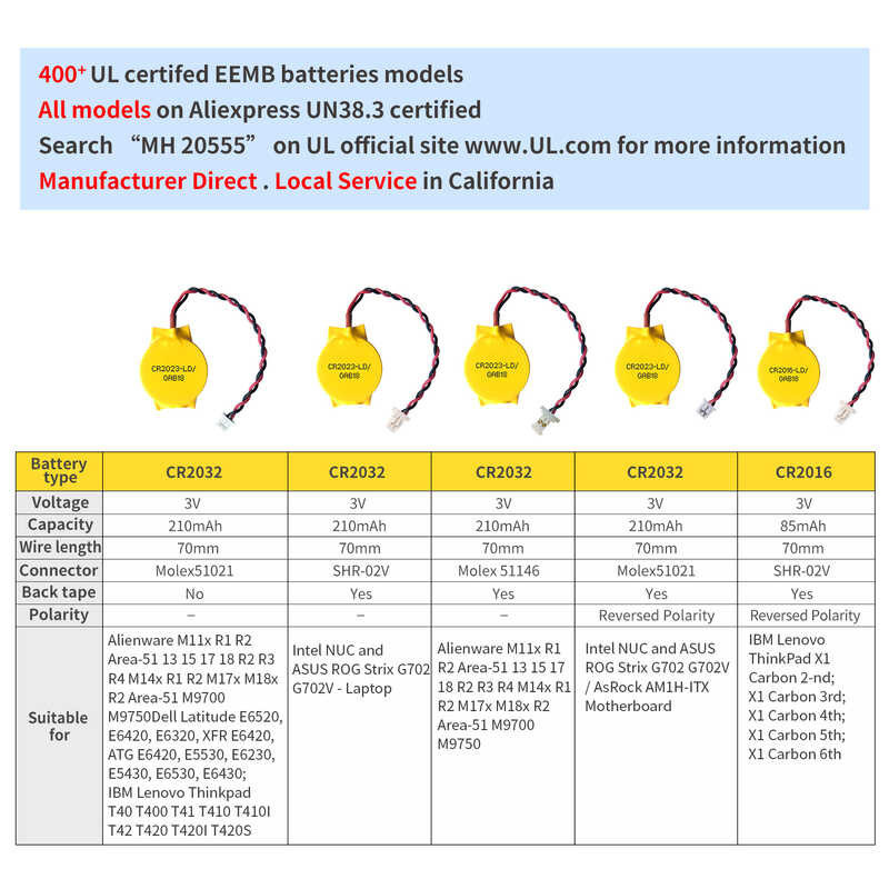 Pack Eemb V Pin Cr Battery With Wire Cr Cmos Battery