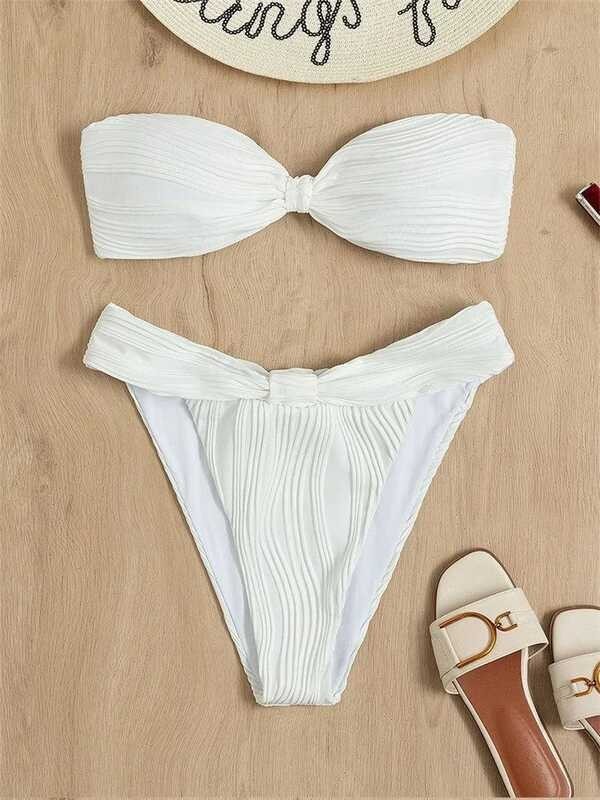 Sexy Bandeau Bikini Kababaihan White Front Tie Push Up Micro