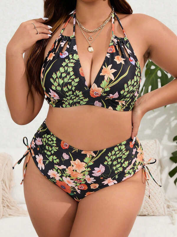 Vigojany Print Push Up Plus Size Bikini Set Halter Tied High Whist