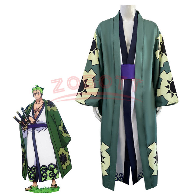 Anime One Piece Wano Country Roronoa Zoro Cosplay Green Kimono Outfit