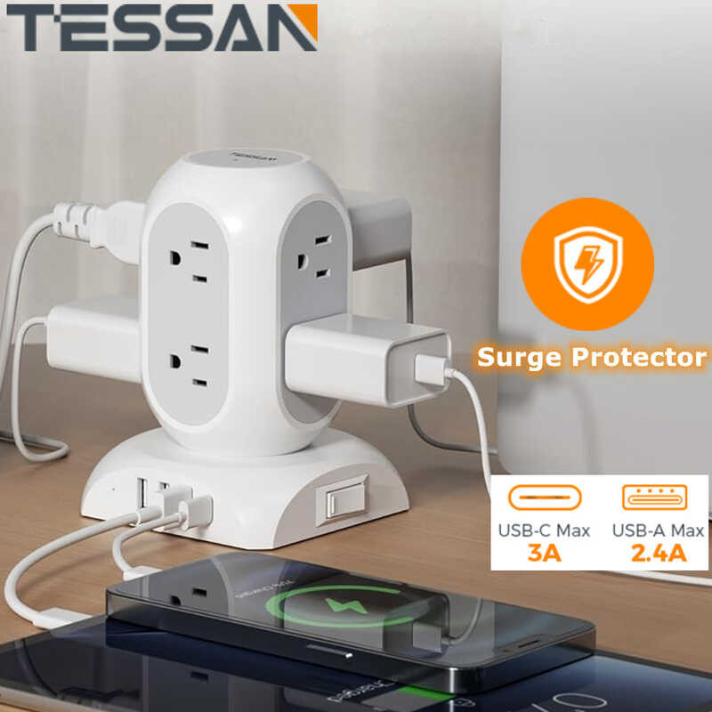 Flat Plug TESSAN Extension Cord 10 Ft 3 Metre Surge Protector Power