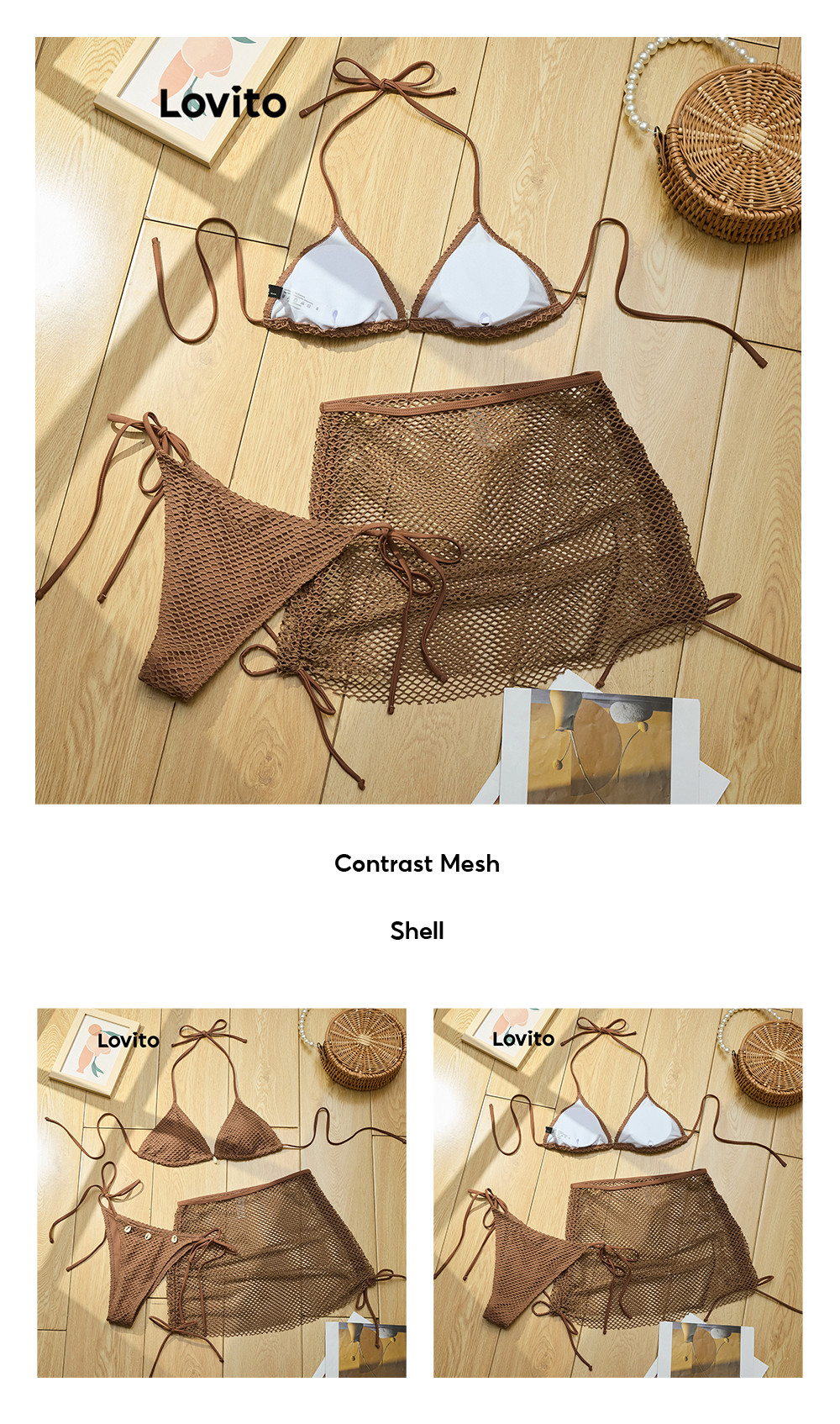 Lovito Women Boho Bikini Sets Plain Contrast Mesh Shell Bikini Sets