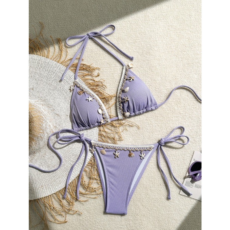 Solid Color Lace Up Neck Split Swimsuit Beach Seashell Bikini Shopee