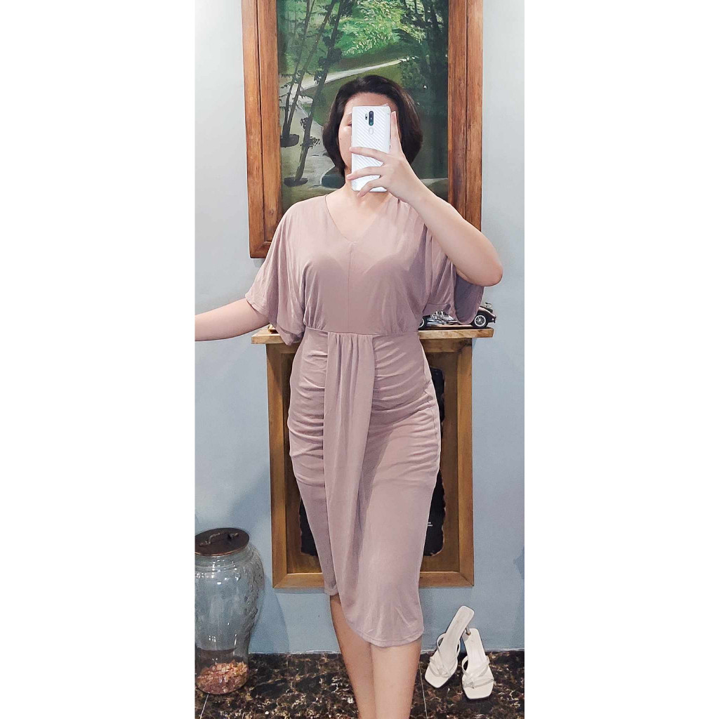 Pleated Wrap Front Midi Dress Nude Color E X P R E S S BRAND
