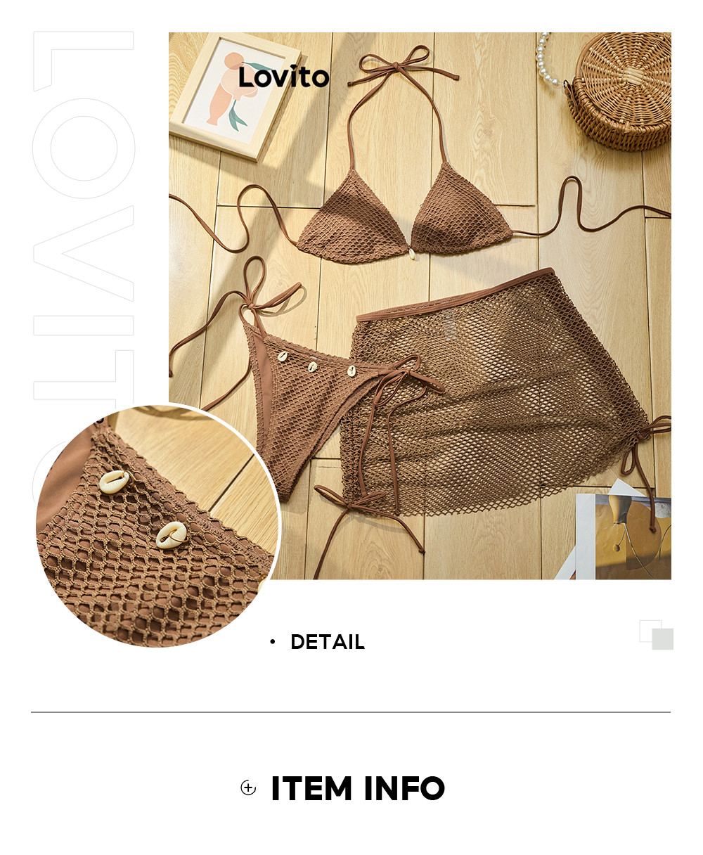 Lovito Women Boho Bikini Sets Plain Contrast Mesh Shell Bikini Sets