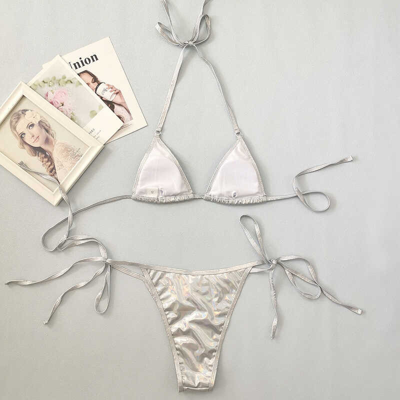 Shiny Sexy Sier Bikini Set Women Solid Push Up Micro Swimsuit 2024 New