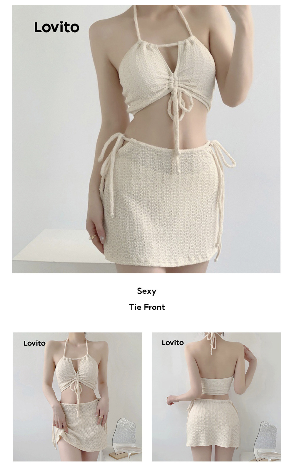 Lovito Sexy Bikini Sets Plain Tie Front Summer Spring Bikini Sets For