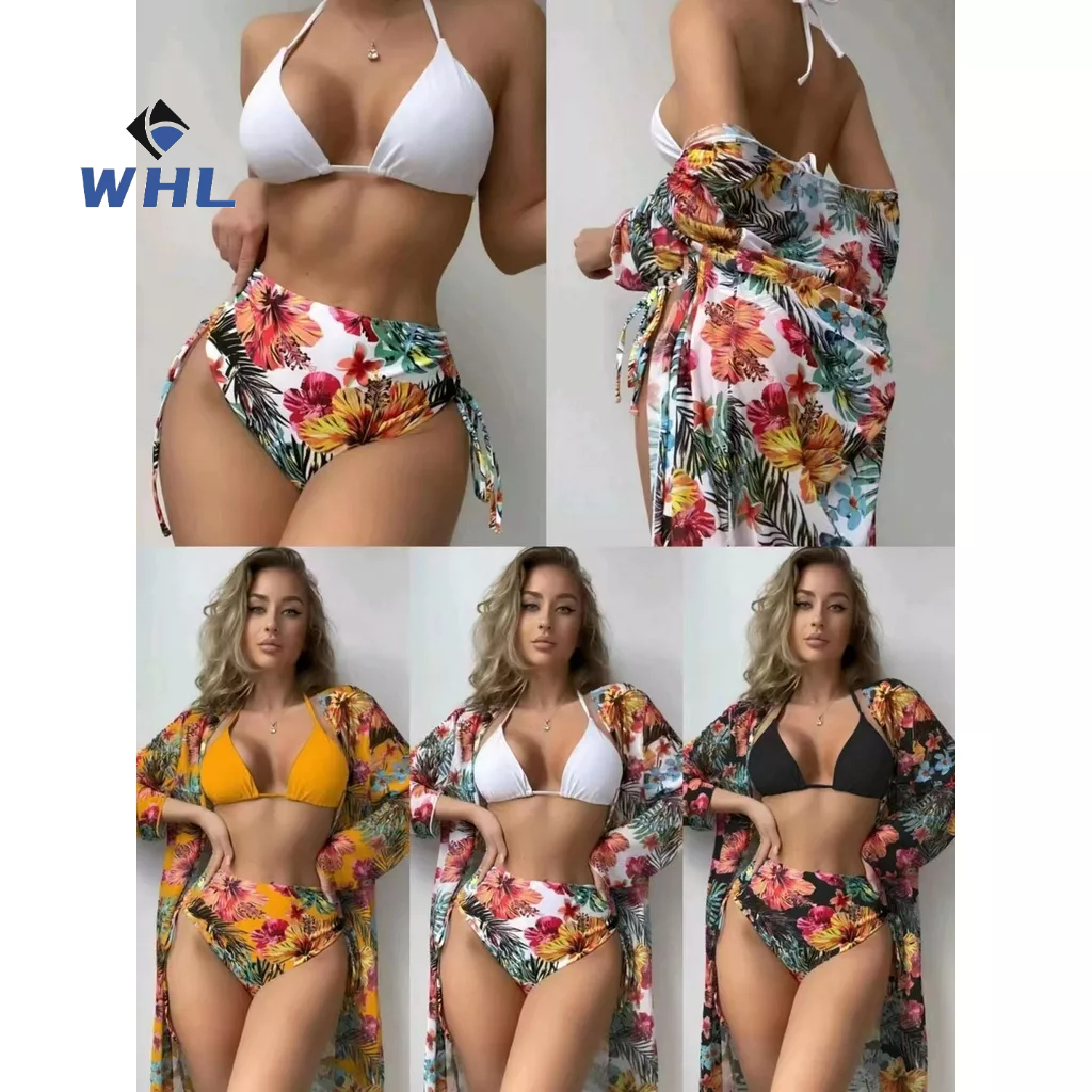 Whl Three Piece Printed Lace Up Bikini Swimsuit Suit Female Sexy