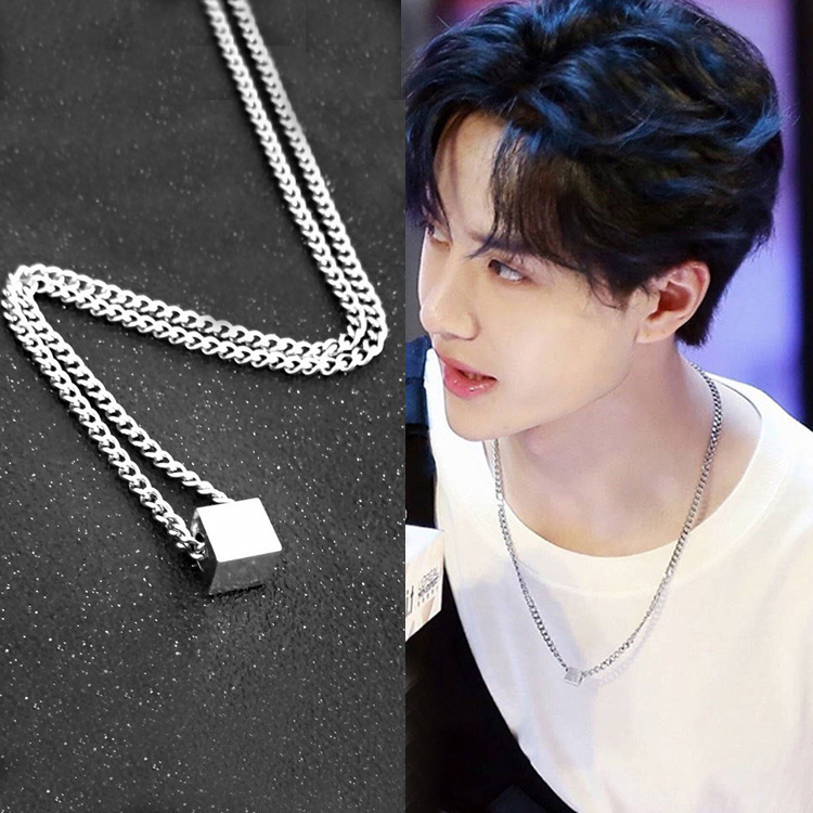 Geometric Square Wang Yibo Necklace Men Trendy Hip Hop Style Simple All