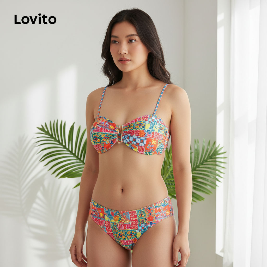 Lovito Refine Sexy Tropical Metallic Tie Up Bikini Top For Women