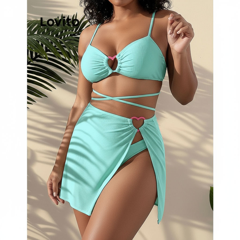Trendy Lovito Women Sexy Plain Heart Lace Up Bikini Sets LNL