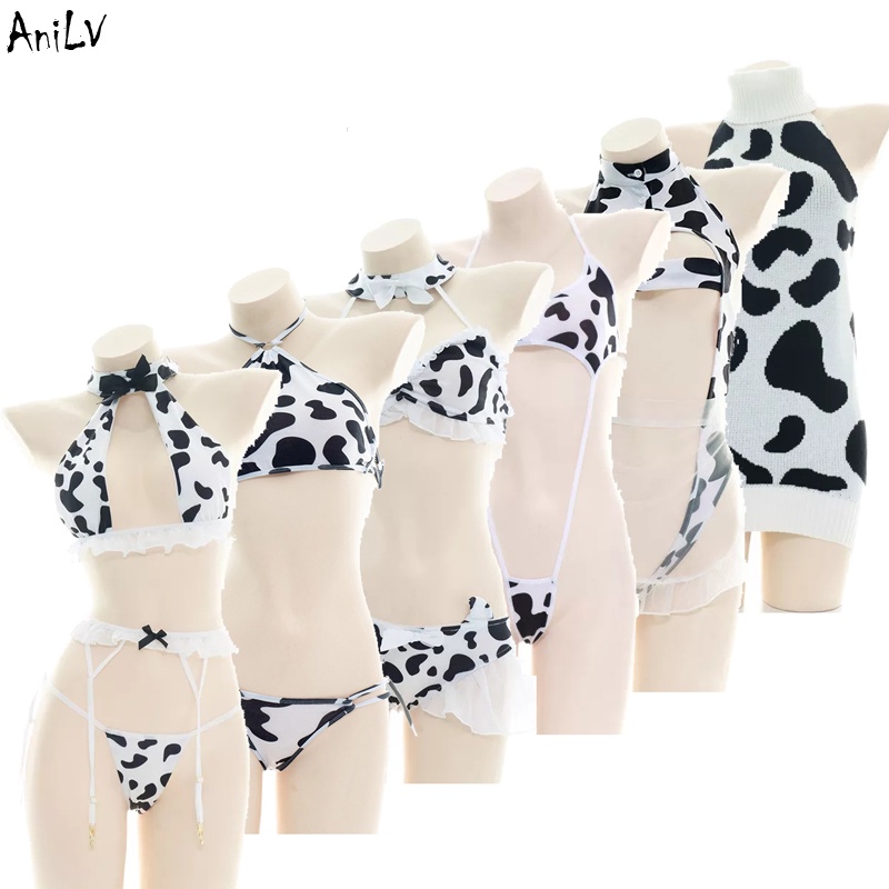 Cow Sexy Cosplay Costume Maid Tankini Swimsuit Cow Print Bikini