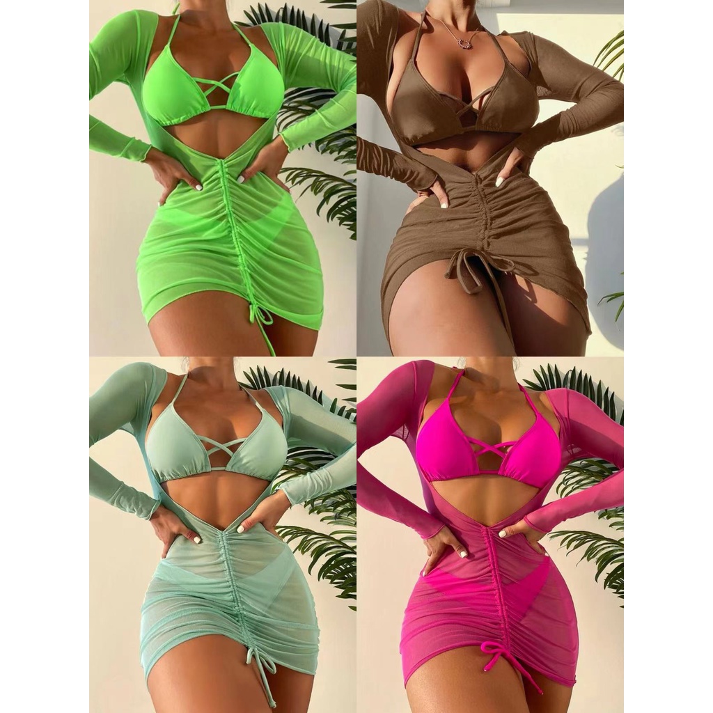 Sexy Woman Solid Color Three Piece Bikini Set With One Piece Skirt