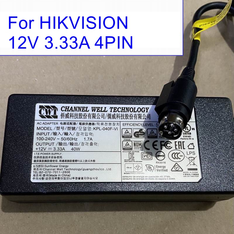 CWT 12V 3 33A 4PIN AC DC Adapter For HIKVISION Video Recorder 40W Power