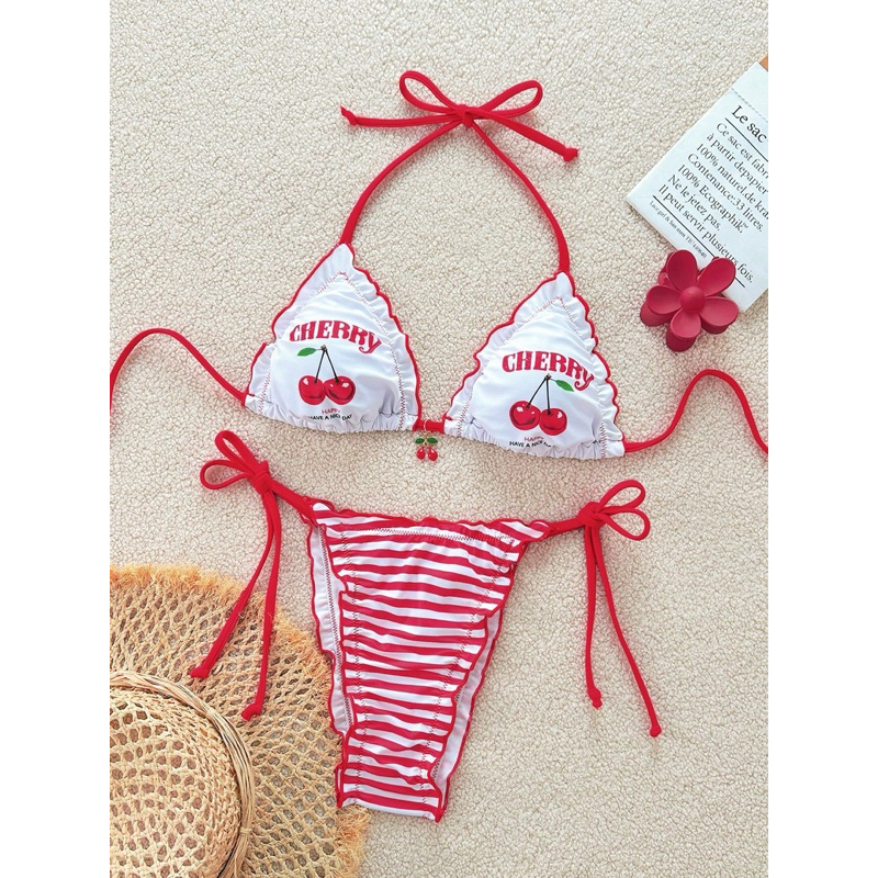 Women S Swimwear Bikini Two Piece Cherry Pattern Decorated With Chest