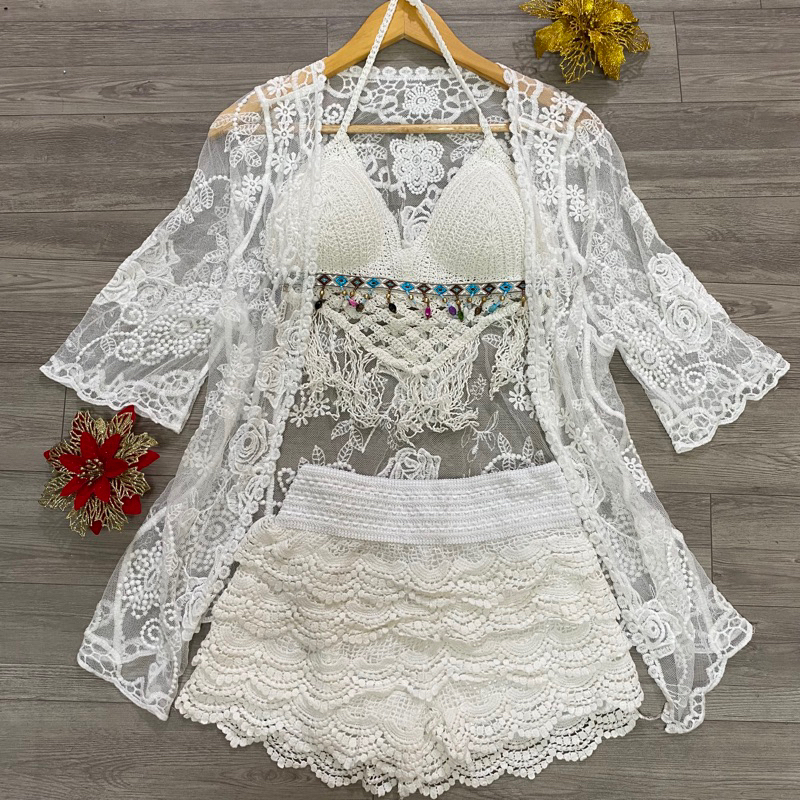 Set Lace Beach Bikini Piece Beaded Triangle Bra Layered Shorts