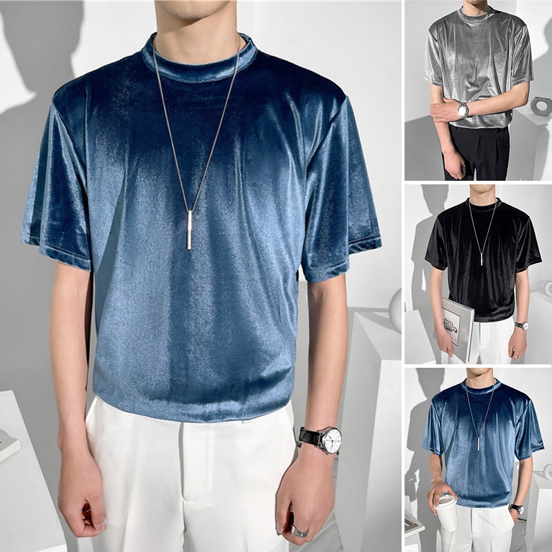 MR Men Casual Velvet Plain Short Sleeves Round Neck Simple Fashion Tops ...