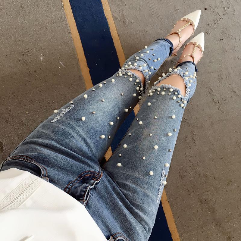 Knee with Holes Beads Jeans Female 2020 Spring And Summer a Skinny