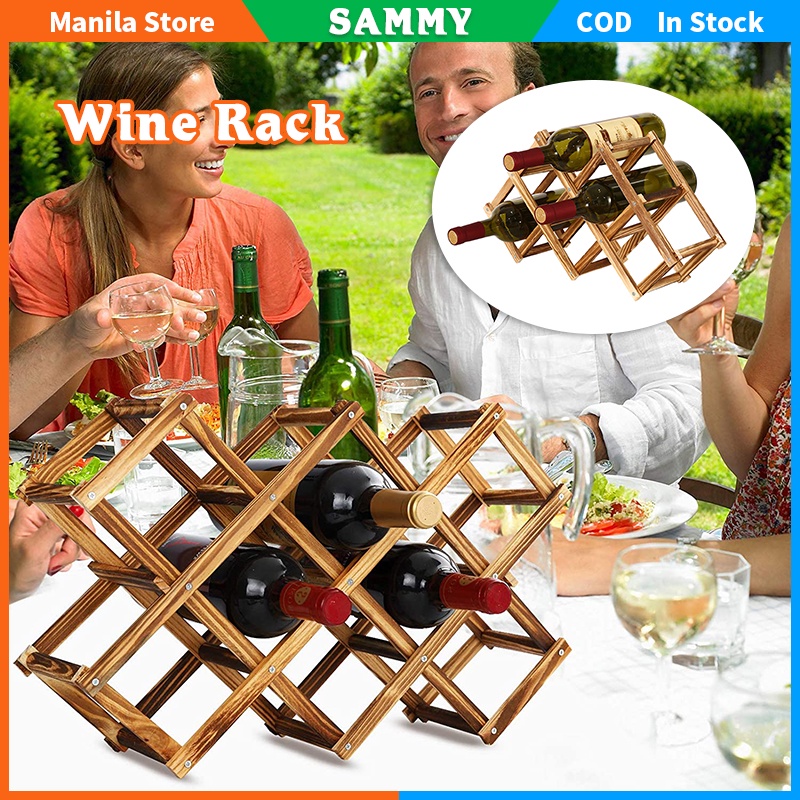 Folding Pine Wine Rack 6/10 Bottle Champagne Glass Rack Shelf Bar ...