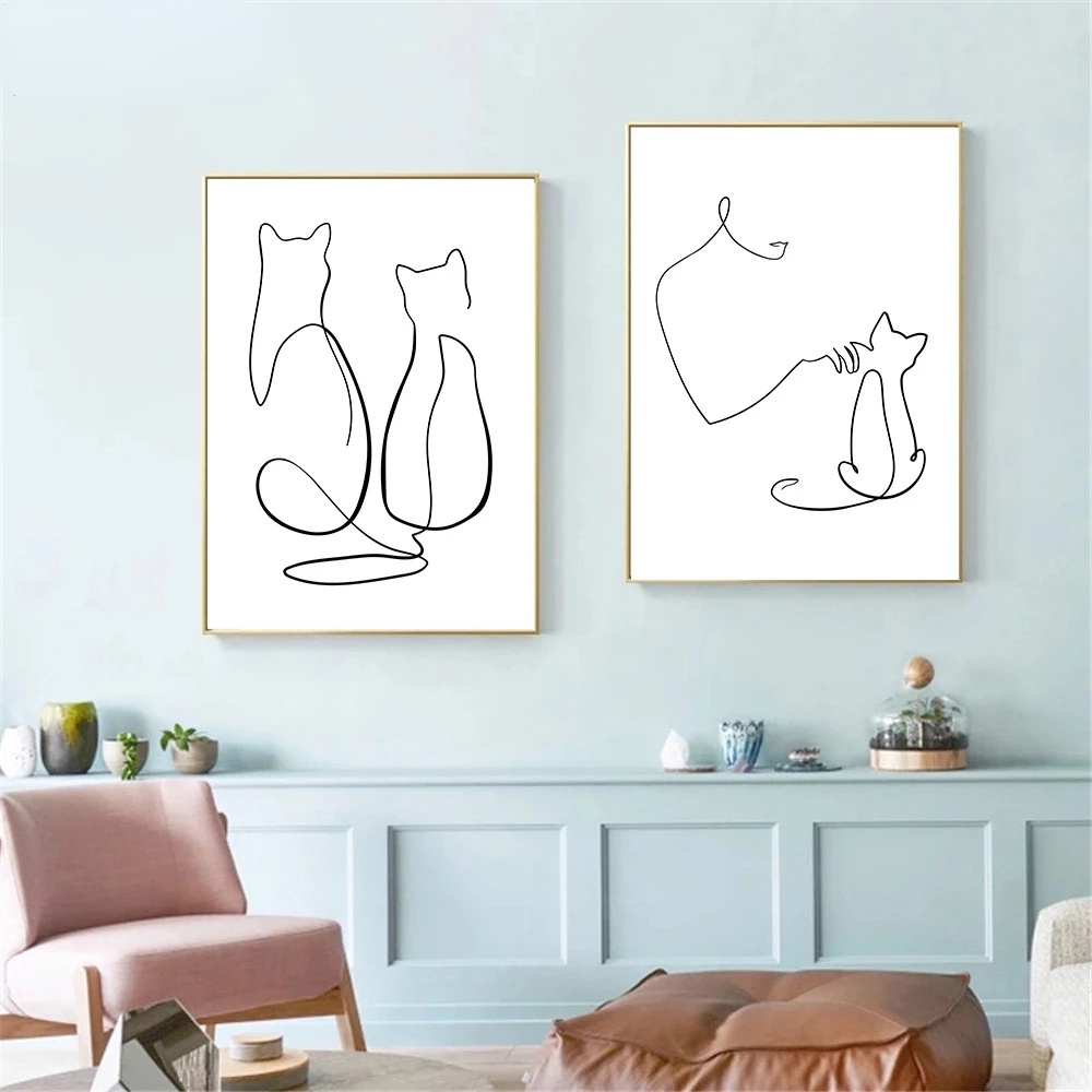 Abstract Cat Wall Art Poster Master And Pet Canvas Painting Animal Line ...