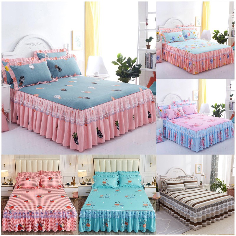 3IN1 Bed Skirt Mattress Protector Fitted Bedsheet With Skirt Bedding
