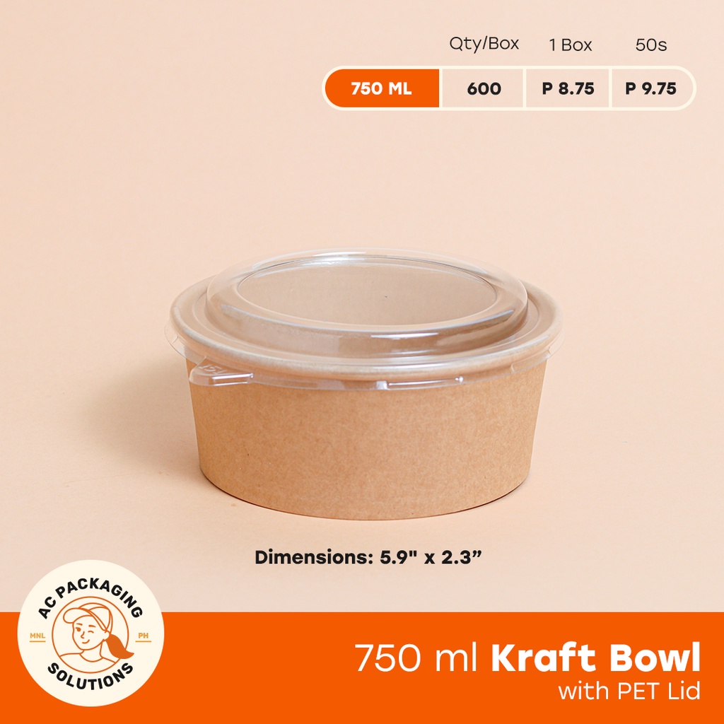 Ciotole Insalata Kraft 750 Ml Con Coperchi - 50 Pezzi + 50 Coperchi