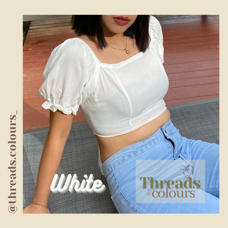 Threads & Colours | JOSEPHINE | Puff Sleeve Backless Linen Crop Top ...