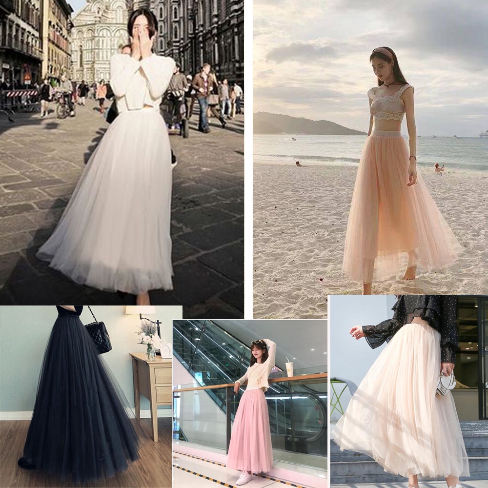 Tulle Mesh Beach dress Women Fashion Elastic Waist Tutu Midi Skirt 3 Layers Maxi Pleated Skirt Shopee Philippines