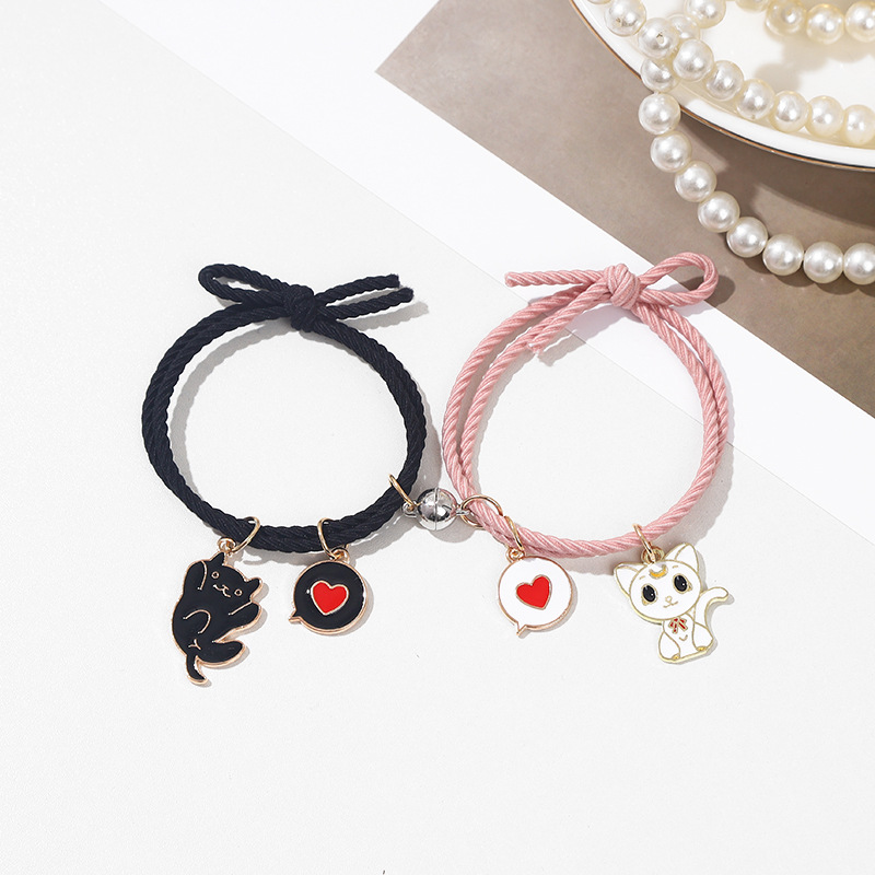 2pcs Magnetic Couple Bracelet Cute Cat Rabbit Cartoon Bracelets Women Girls  Elastic Rope Bangle Friendship Jewelry Gifts