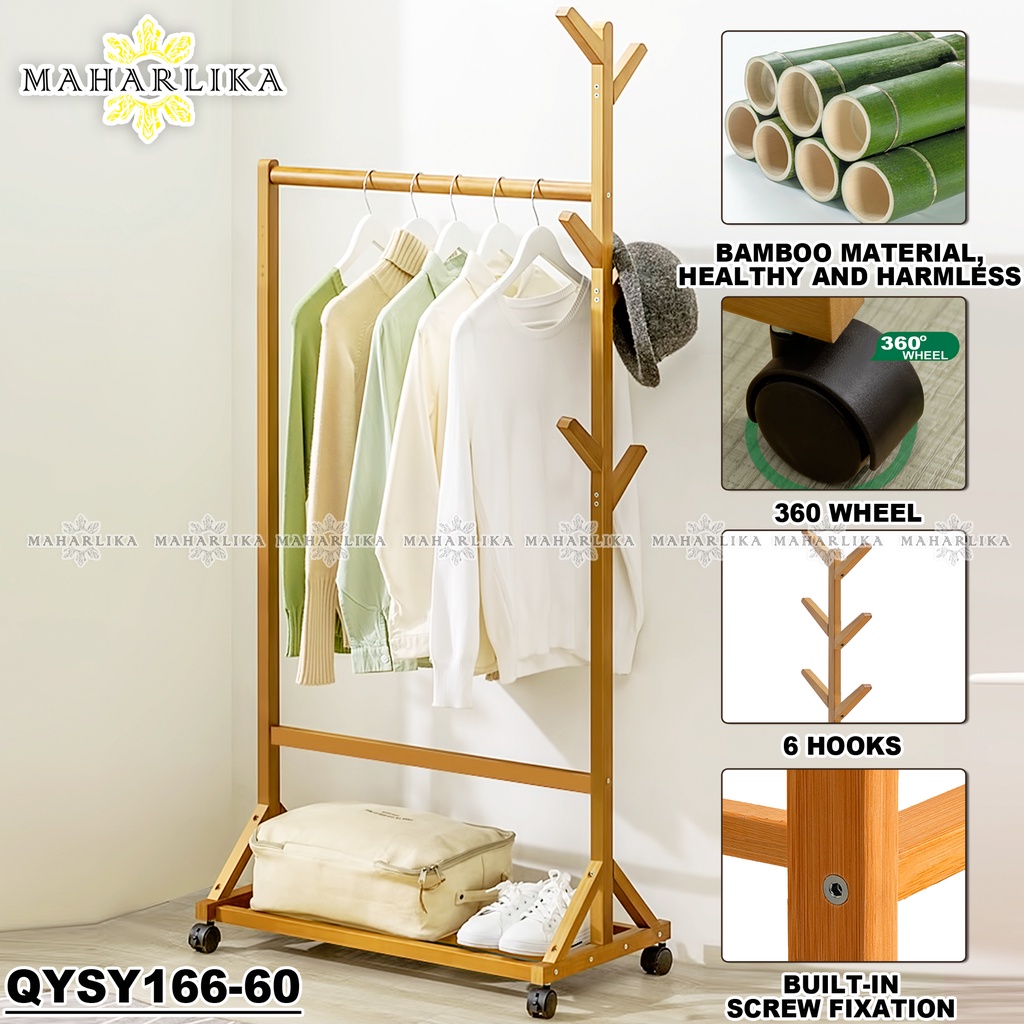 Maharlika QYSY166 Wooden Coat Rack Stand Bamboo Hanging Pole Drying Clothes Organizer with