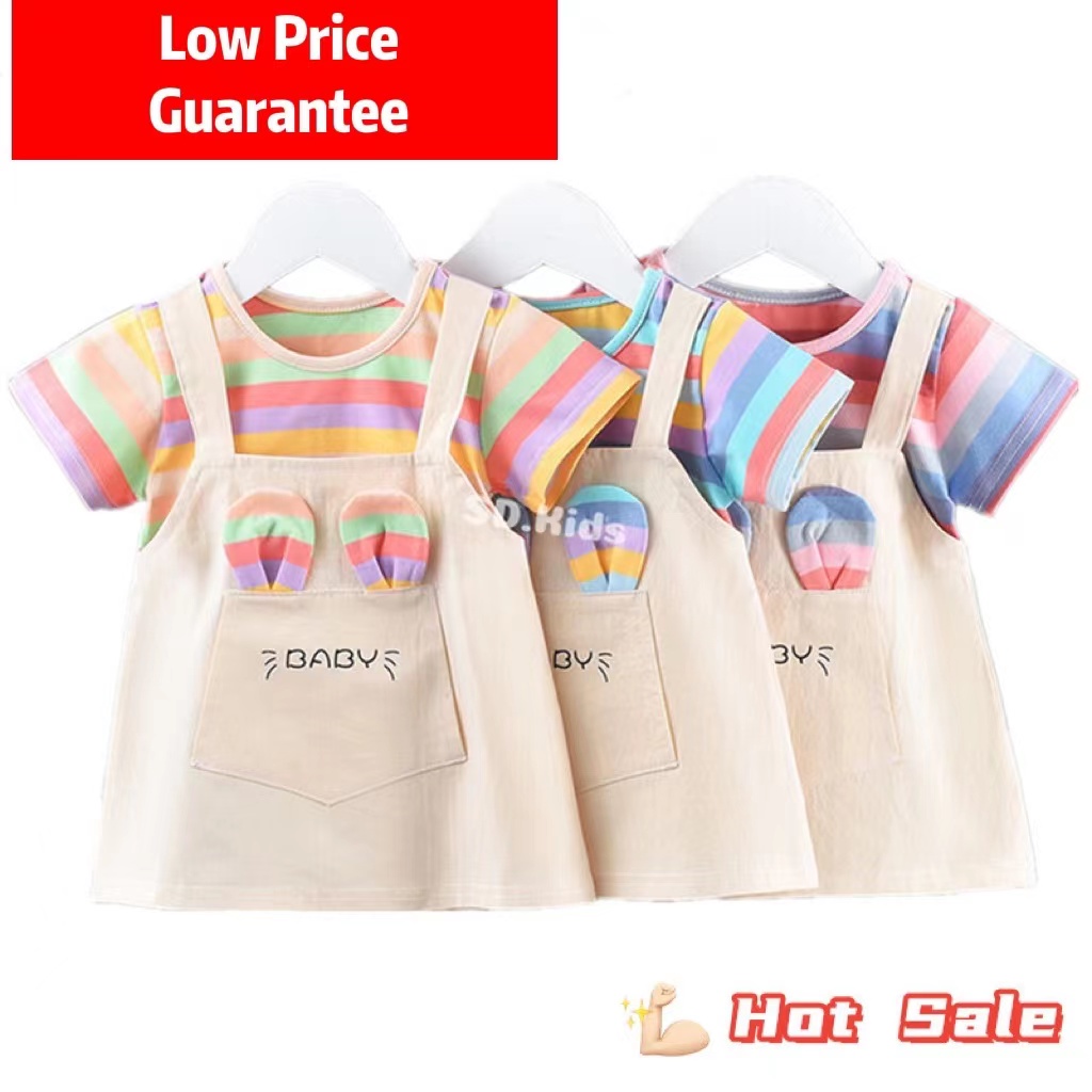 OOTD Baby Girls Demin Dresses Cute Cartoon Rainbow Stripe fake two