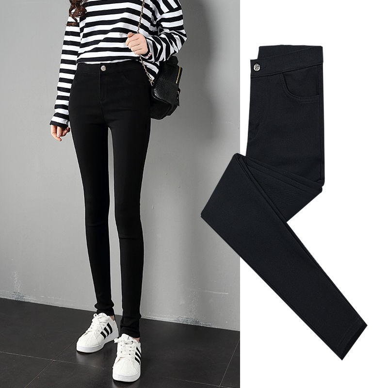 Women Zipper leggings Pants Elastic Waist Button Pencil Skinny Pants