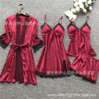 Pajamas Sets Satin Sleepwear Silk 4-piece Lingerie Women Silk Lace Robe  Dress Babydoll Sleepwear Nightdress Pajamas Set [COD]