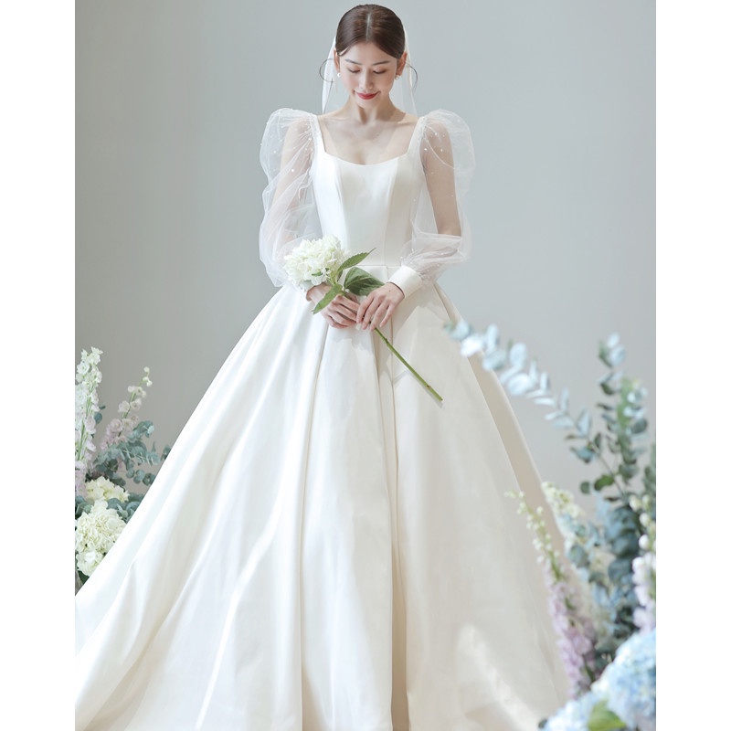 French Satin Wedding Dress simple new fashion long bride wedding honeymoon travel photo white dress Shopee Philippines