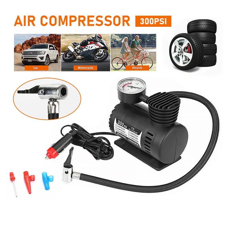 12V Electric Car Air Pump 300 PSI Car Inflator Bicycle Motorcycle Air