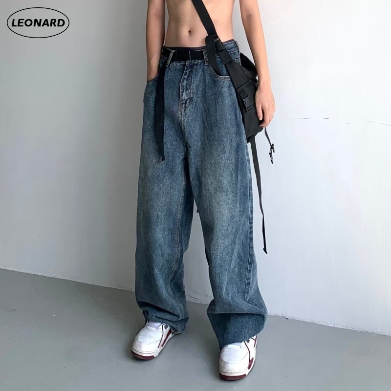 Korean Pop Retro Blue Baggy Jeans For Men Wide Leg Denim Pants Casual ...