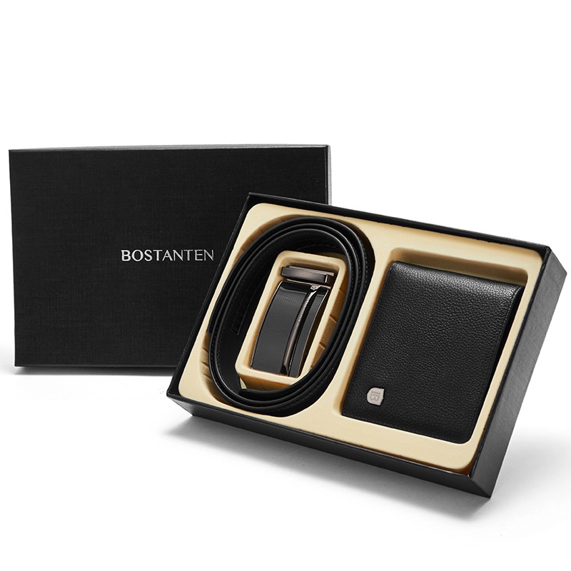 COD BOSTANTEN Men s Genuine Leather Belts And Genuine Cowhide Leather Bifold Wallet Gift Box Black