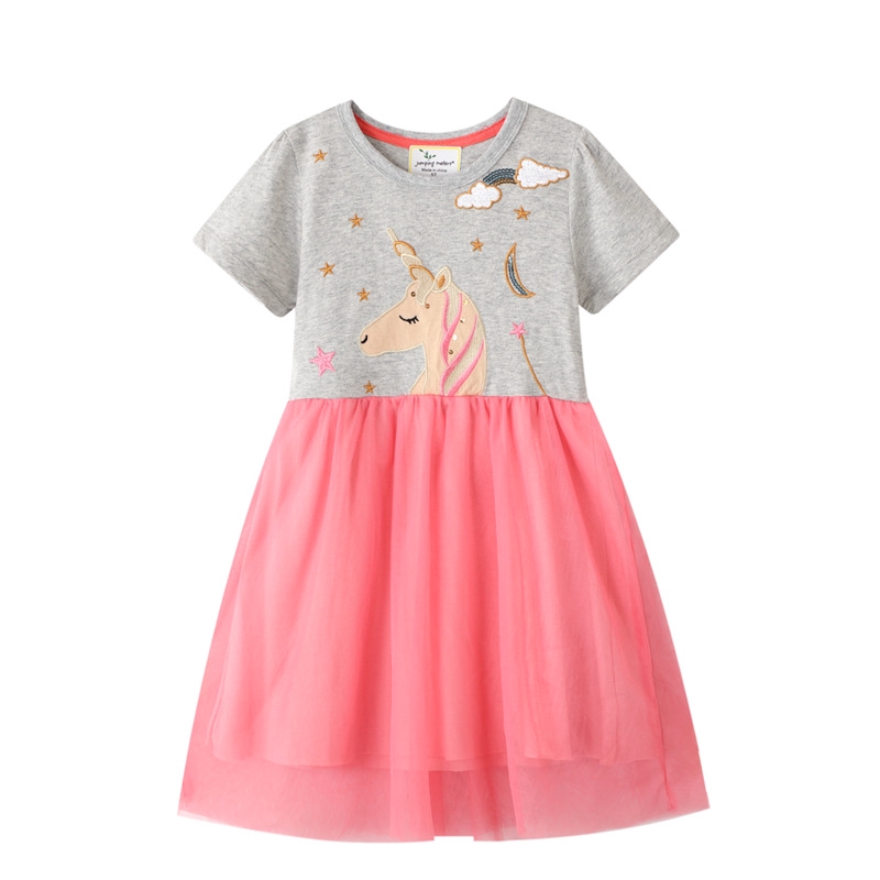 2 7 year old little girls lovely CUTE cartoon pure cotton grey Unicorn embroidery pink mesh fashion Short Sleeve Dress Shopee Philippines