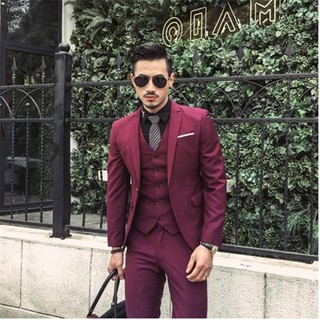 【Local Delivery】Burgundy Suit Men Groom Slim Fit 3 Piece Tuxedo Prom ...