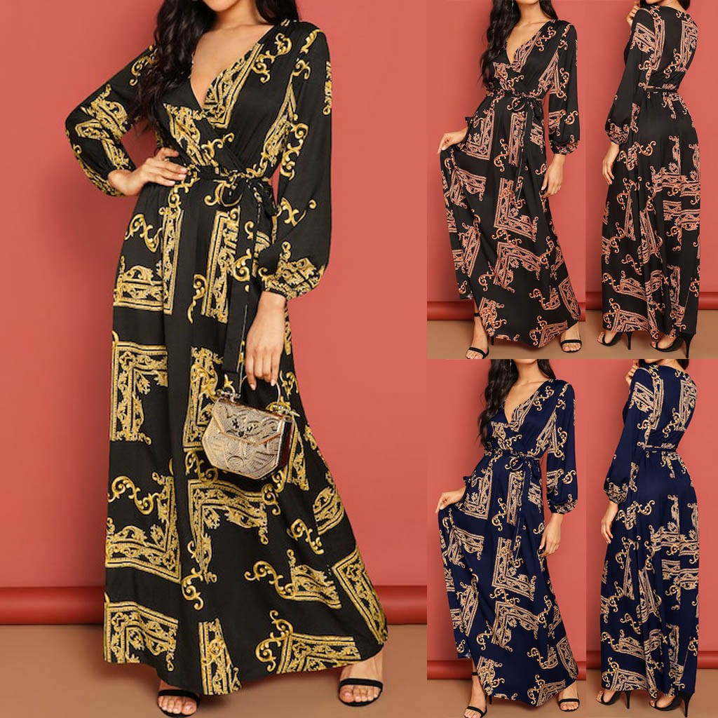 ♀hn♀fashion Women V Neck Long Sleeve Maxi Long Dress Print Lantern