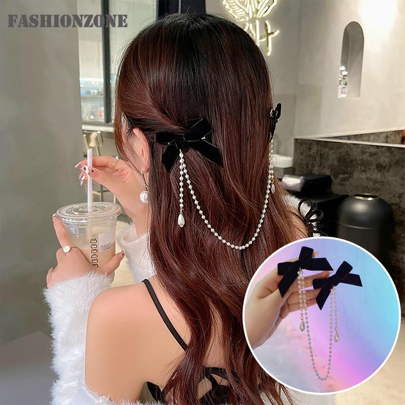 Vintage Velvet Bow Hairpins Pearl Chain Barrettes for Girls Tassel Hair